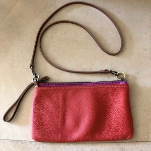 Orange and pink leather crossbody handbag